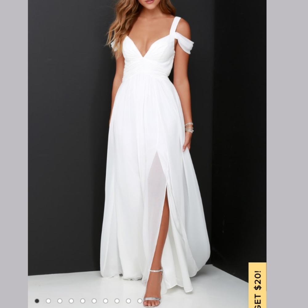 Lulu's White Off-Shoulder Chiffon Wedding Gown with Front Slit